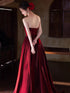 Wine Red Satin and Sequins Long Strapless Party Dress, Wine Red Long Evening Dress
